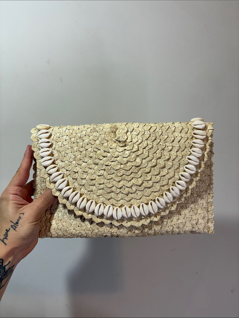 Beaded Cowrie Shell Lined Woven Straw Raffia Rattan Natural Basket Weave Clutch